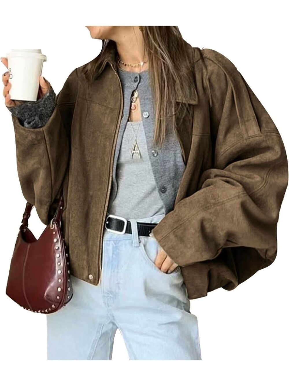 Women's Brown Oversized Faux Suede Collared Hidden Zipper Pilot Bomber Jacket